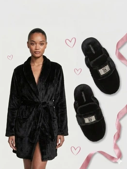 Подарочный набор Victoria's Secret: Плюшевый халат и тапочки в фирменной упаковке - Черный-M/L-S