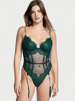 Боди с подвязками Victoria's Secret Shine Strap Lace Teddy with Garters - S - Зеленый