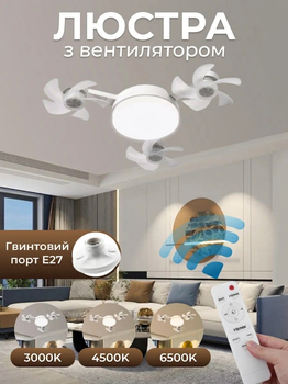 Лампа вентилятор LED 50W E27: 3 режими швидкості, лампа з вентилятором люстра, світильник із стельовим вентилятором 45 см, в цоколь E27 з пультом, біла