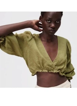 Топ льняной укороченный S с пышными рукавами Zara