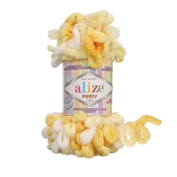 Пряжа для в'язання руками Alize Puffy Color фантазійна 100г біло-жовта №5921