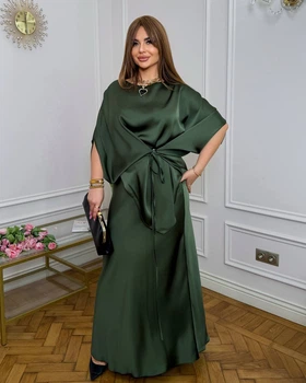 Шовковий костюм,з довгою , широкою спідницею та блузою що регулюється зав'язками мод БЛК - 011, Хакі, 54-56