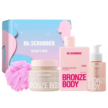 Набор Mr.SCRUBBER GOLD & GLOW SET для сияния тела: Гель для душа Mr.SCRUBBER, 250 мл + Шимер-батер Mr.SCRUBBER, 200 г + Шимер Mr.SCRUBBER, 100 мл + Мочалка для душа