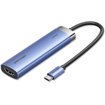 Док-станція USB3.1 Type-C --> HDMI/USB 3.0x3/PD 100W Синій Aluminum Alloy Hub 5-in-1 Vention