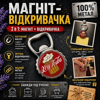 Магніт-відкривачка для пляшок, металева, з принтом Хочу Пива, стильний та практичний аксесуар