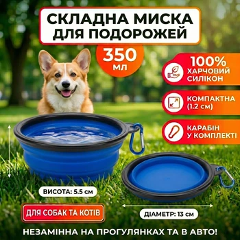 Миска складна силіконова для собак та котів туристична 350 мл з карабіном харчовий силікон для води та корму (синій колір)