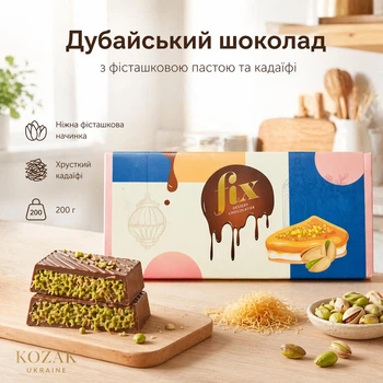 Дубайський Шоколад Fix Chocolate Dubai Knafeh and Pistachio з фісташковою пастою і кадаїфі 200г