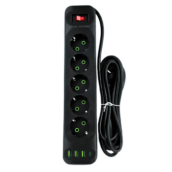 Подовжувач мережевий UA Power F25U, 5 розеток, 3USB, Type-C, 4 м, чорний