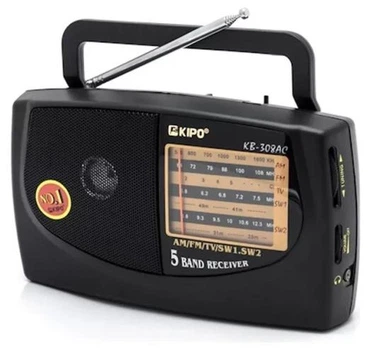 Портативный радиоприемник KIPO KB-308AC, AM/FM/TV/SW, от сети или батареек, USB/microSD, аккумулятор, черный