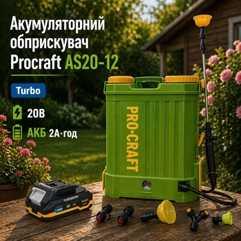 Аккумуляторный опрыскиватель Procraft AS20 12 20В ранцевый бак 12 л Turbo режим АКБ 2Ач садовый для обработки растений