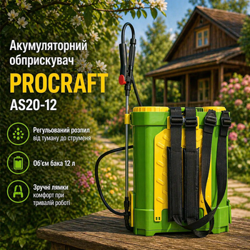 Аккумуляторный опрыскиватель Procraft AS20 12 20В 12 л ранцевый садовый опрыскиватель без АКБ для обработки растений