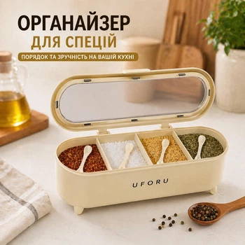 Кухонний Органайзер для спецій з ложечками — контейнер для спецій 4 відділення, бокс для кухні, зберігання приправ