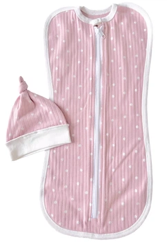 Євро пелюшка кокон на блискавці з шапочкою Рожевий з білим горошком (інтерлок) №123 (0-6 міс)
