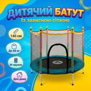 Батут детский с сеткой Atleto 140см игровой круглый комнатный 36 пружин для детей двора дома дачи до 60кг синий