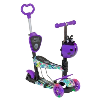 Детский самокат 5в1 с сиденьем и родительской ручкой Best Scooter 68995 Божья Коровка Фиолетовый
