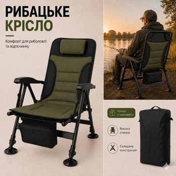 Складное рыбацкое кресло с высокой спинкой, подголовником, регулируемыми ножками и чехлом для рыбалки, кемпинга, пикника и отдыха на природе (зеленый/черный)