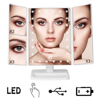 Дзеркало косметичне потрійне Superstar Magnifying Mirror, з LED підсвічуванням та підставкою, 22 лампочки, сенсорне керування, обертання на 180°, біле