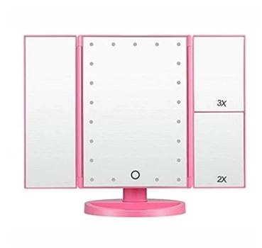Дзеркало косметичне потрійне Superstar Magnifying Mirror, з LED підсвічуванням та підставкою, 22 лампочки, сенсорне керування, обертання на 180°, рожеве