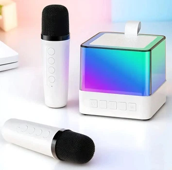 Портативная Bluetooth колонка K18 с LED подсветкой + 2 микрофона, для вечеринок и караоке, на аккумуляторе 2000 мАч, до 8 часов работы, белая