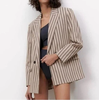 Жіночий піджак Zara у смужку, бежевий з темно-зеленим розмір XS (Oversize)