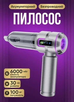 Автомобильный пылесос ручной 4в1 аккумуляторный 6000 мАч беспроводной мини пылесос для машины и дома серебристый