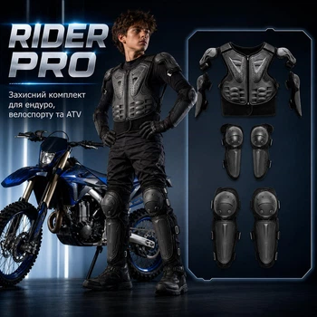 Захисна екіпіровка RIDER PRO для дітей та підлітків, комплект захисту грудей, спини, плечей, ліктів, колін і гомілки для велосипеда, роликів, самоката, ендуро та ATV (чорний)