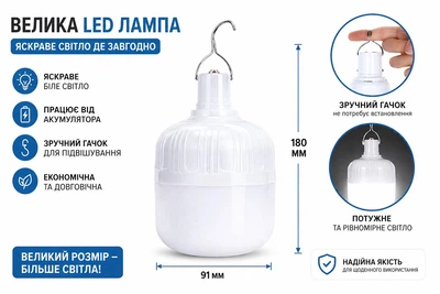 Большая 320W 18/9.2см лампа-фонарь со встроенным двойным аккумулятором 1800mAh белая + Подарок Зарядный кабель с подвеской