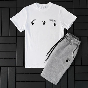 Летний костюм Off-White футболка + шорты белый с серым 2XL 4209