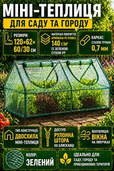 Садова двосхила теплиця Garden Line TUN5521 120×62×60 см міні-теплиця з великими верхніми вікнами для овочів та квітів укривна для розсади захист від вітру дощу сонця компактна складна переносна парник для дачі саду