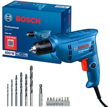 Ручная электрическая дрель BOSCH, двигатель мощностью 400 Вт, самоблокирующийся патрон, набор из 15 принадлежностей, GBM 400 KLE