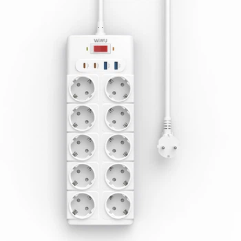Мережевий подовжувач WIWU Wi-S008 14in1 20W GaN Power Strip 2xType-C 2xUSB 10xAC EU 2m White (6977703656268)