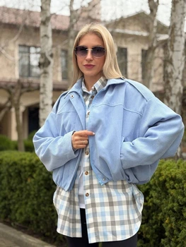 Жіночий бомбер з вельвету з підкладкою блакитний One Size (42-46) ST725