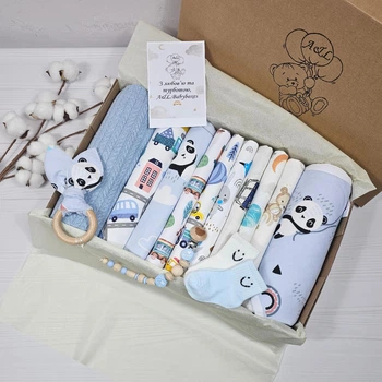 Набор для новорожденного: плед, полотенце, пеленки и грызунок a.l.babybox Панда на шариках