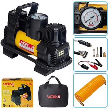 Потужний компрессор автомобільний VOIN VL-620 150 PSI, 85 л/хв, 2 циліндри, прикурювач, клеми АКБ(13360),