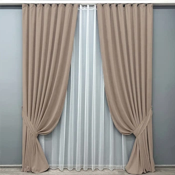 Комплект штор VR-Textil Мікровелюр Petek 200х270 2шт і Тюль 600х270 2016ш-1153т Какао з білим 71-153/7