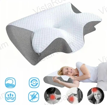 Ортопедична подушка з ефектом пам'яті для шиї та плечей 62×37-8-12 см,Memory Foam,метелик сіро-білий KT7006276