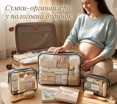 Сумки в роддом 3в1 набор прозрачных водостойких органайзеров для мамы и малыша 30×23×20, 38×23×23,49×34×28 см.