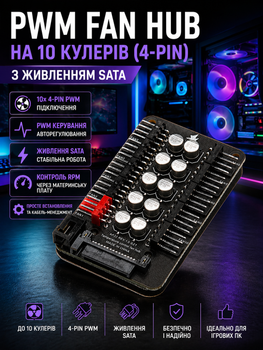 Сплиттер PWM Fan Hub на 10 вентиляторов (4-pin) с питанием SATA — для вентиляторов ПК