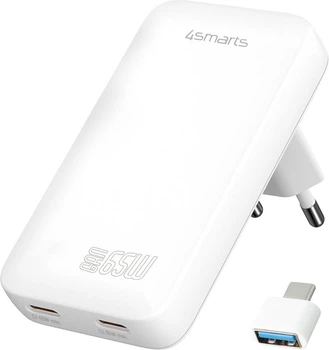 Мережевий зарядний пристрій 4smarts Wall Charger FlatPlug Slim Dual 65W GaN 2C White (4252011910564)