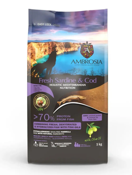 Сухой корм для взрослых собак Ambrosia Mediterranean Dog Adult Fresh Sardine & Cod с свежой сардиной и треской 5 кг 1305616