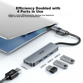 Концентратор Acer Type-C/USB 3.0, високошвидкісна чотирипортова док-станція розширення, розширювач для ноутбуків та настільних комп'ютерів, адаптер-перетворювач з алюмінієвого сплаву