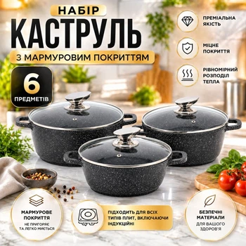 Набір каструль із антипригарним покриттям Styleberg казани з мармуровим покриттям 6 предметів (1493)
