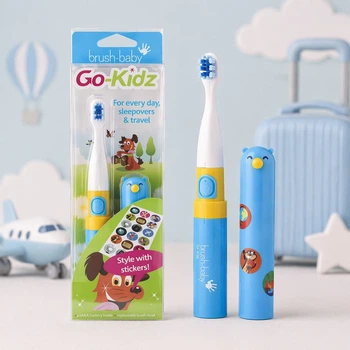 Детская электрическая зубная щетка Brush-Baby Go-Kidz 3+ года, голубая, наклейки, дорожный колпачок