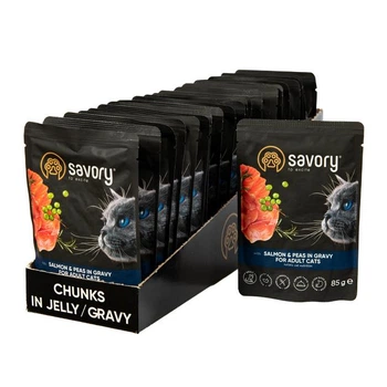 Блок влажных кормов для котов Savory Cat Pouch for Adult, with Salmon and Peas in Gravy, лосось с горошком в соусе, пауч 22 шт х 85г (2700000029350)
