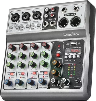 Микшерный пульт Aveek F-5A 5-канальный аудио микшер с USB и эффектами - Уцінка
