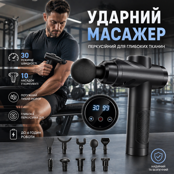 Перкуссионный ударный массажер Zerolia MG-A3: профессиональный массажный пистолет, 30 скоростей, 10 насадок, 2500 мАч, LCD