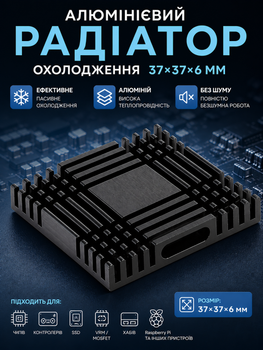 Алюминиевый радиатор охлаждения 37×37×6 мм, черный (для чипов, SSD, VRM, хабов) (Black)