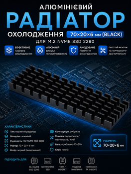 Алюминиевый радиатор охлаждения ENOKAY для M.2 NVMe/M2 SATA 2280 (Black)