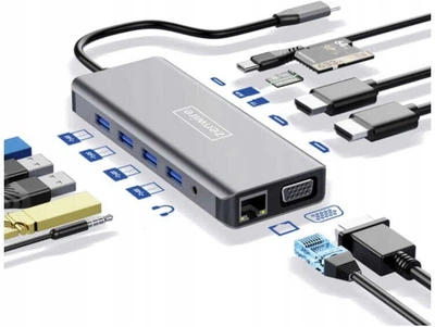 Hub USB Zenwire Adapter 12in1 HUB USB-C 2x HDMI VGA USB mini jack SD Ethernet Grey (BYL-2006)