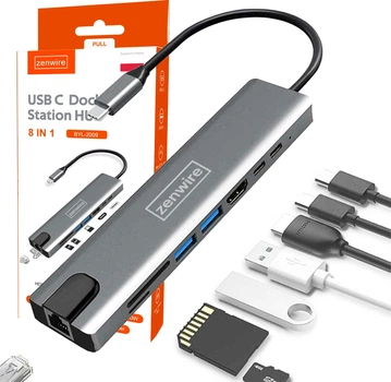 Hub USB Zenwire Adapter 9in1 USB-C HDMI RJ45 Ethernet SD Hub for Macbook Air Pro M1 Grey (BYL-2009)